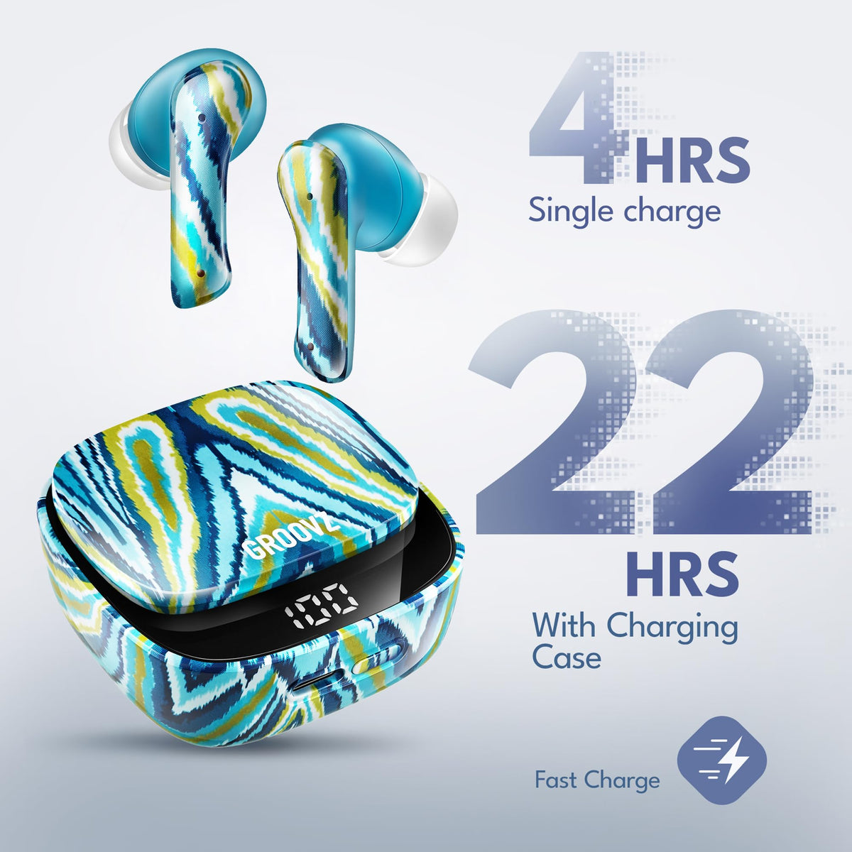 Groovz charging case LED display indicating battery level for convenient monitoring