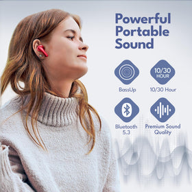 Groovz earbuds with water splash, indicating IPx4 sweat and splash resistance benefit