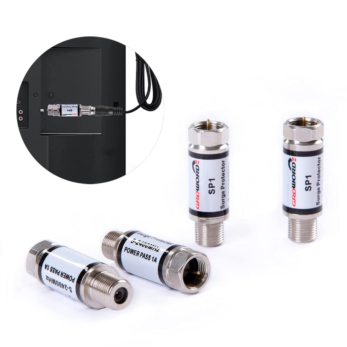 Groword coaxial surge protector front view protects TVs and set-top boxes from surges