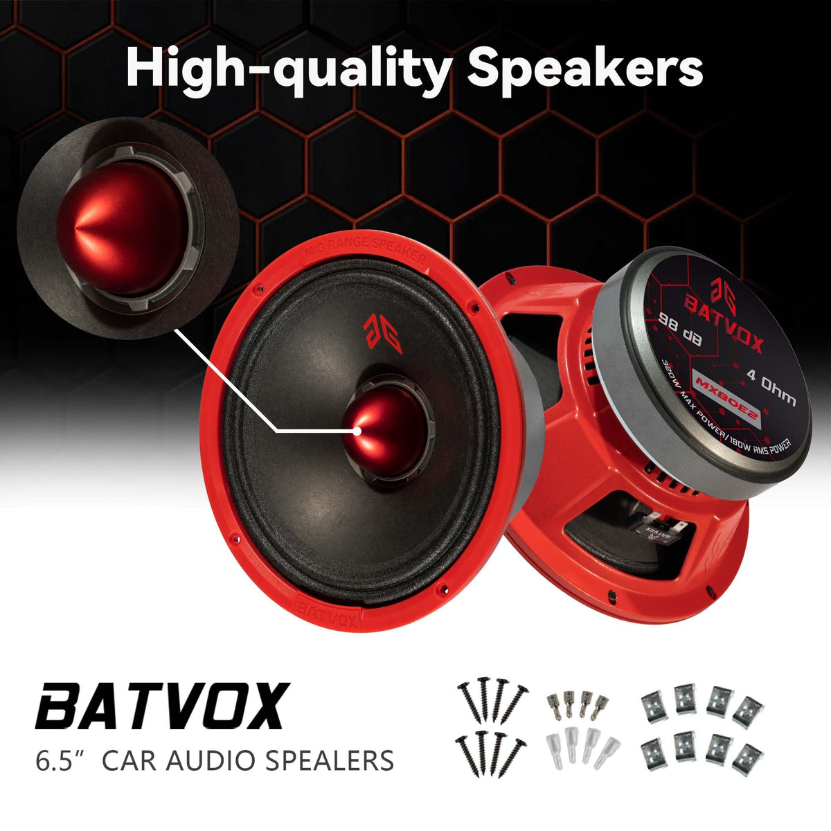 GRTSKY MX80E2 red bullet driver enhances car audio presence.