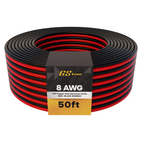 GS Power front packaging showing 100ft 8 AWG CCA bonded cable and benefits