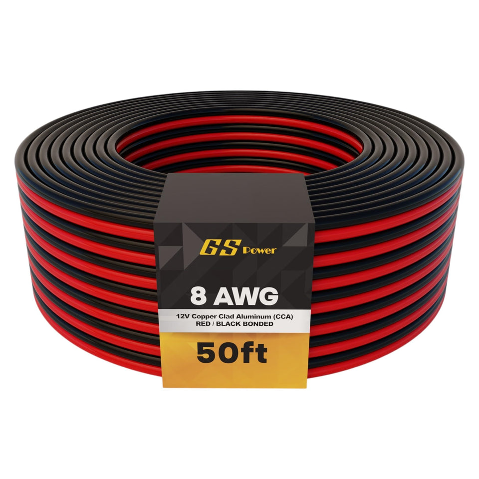GS Power front packaging showing 100ft 8 AWG CCA bonded cable and benefits