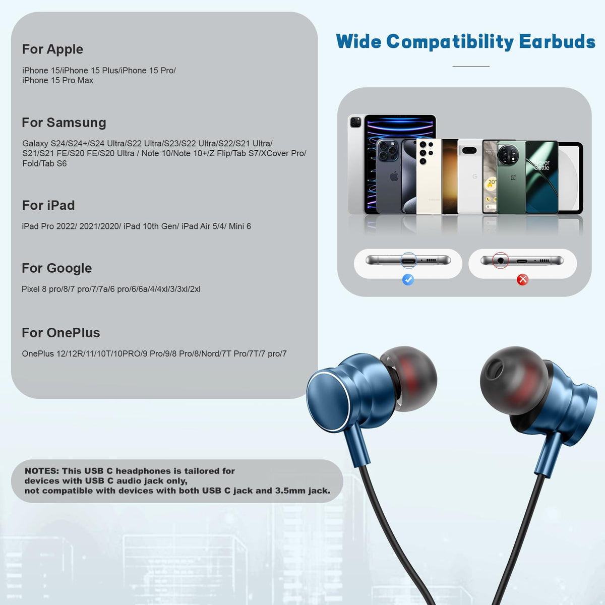 Gsangoo USB-C wired earbuds compatible with iPhone, Pixel, OnePlus, and more devices.