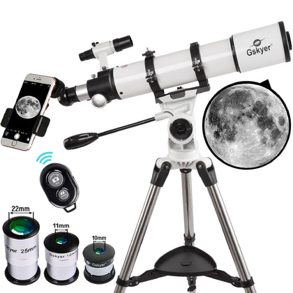 Gskyer 90mm refractor telescope mounted on a stable tripod for clear sky viewing.