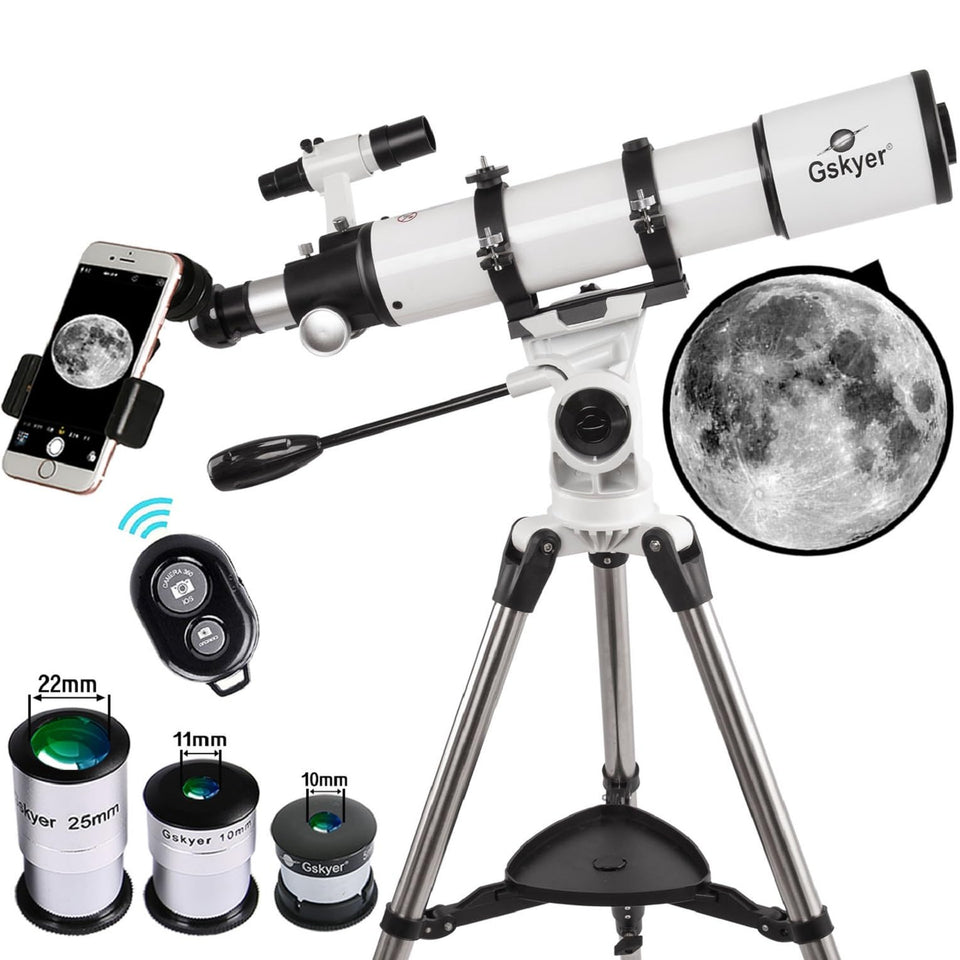 Gskyer 90mm refractor telescope mounted on a stable tripod for clear sky viewing.