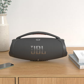 GSport carbon fiber hard shell case secures JBL Boombox 3 for travel