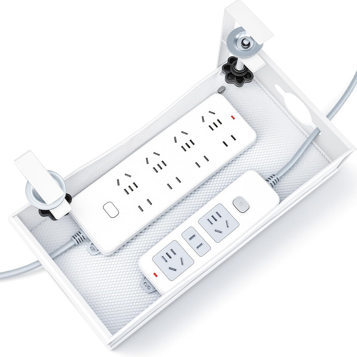 G.Sumiker extra-wide under-desk cable tray ready to organize large power strips.