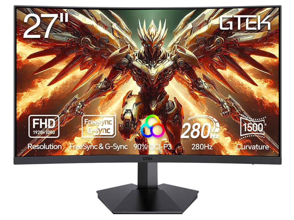 GTek front view of 27-inch curved monitor showing slim bezels and large display benefit