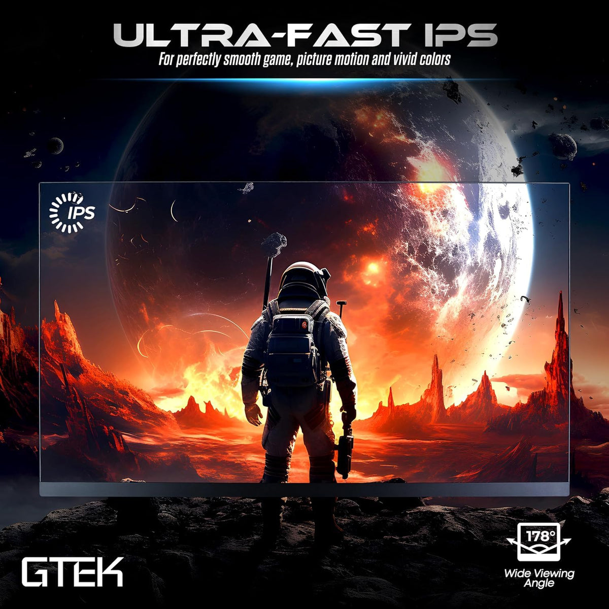 GTek monitor with adjustable stand supports ergonomic, comfortable use.