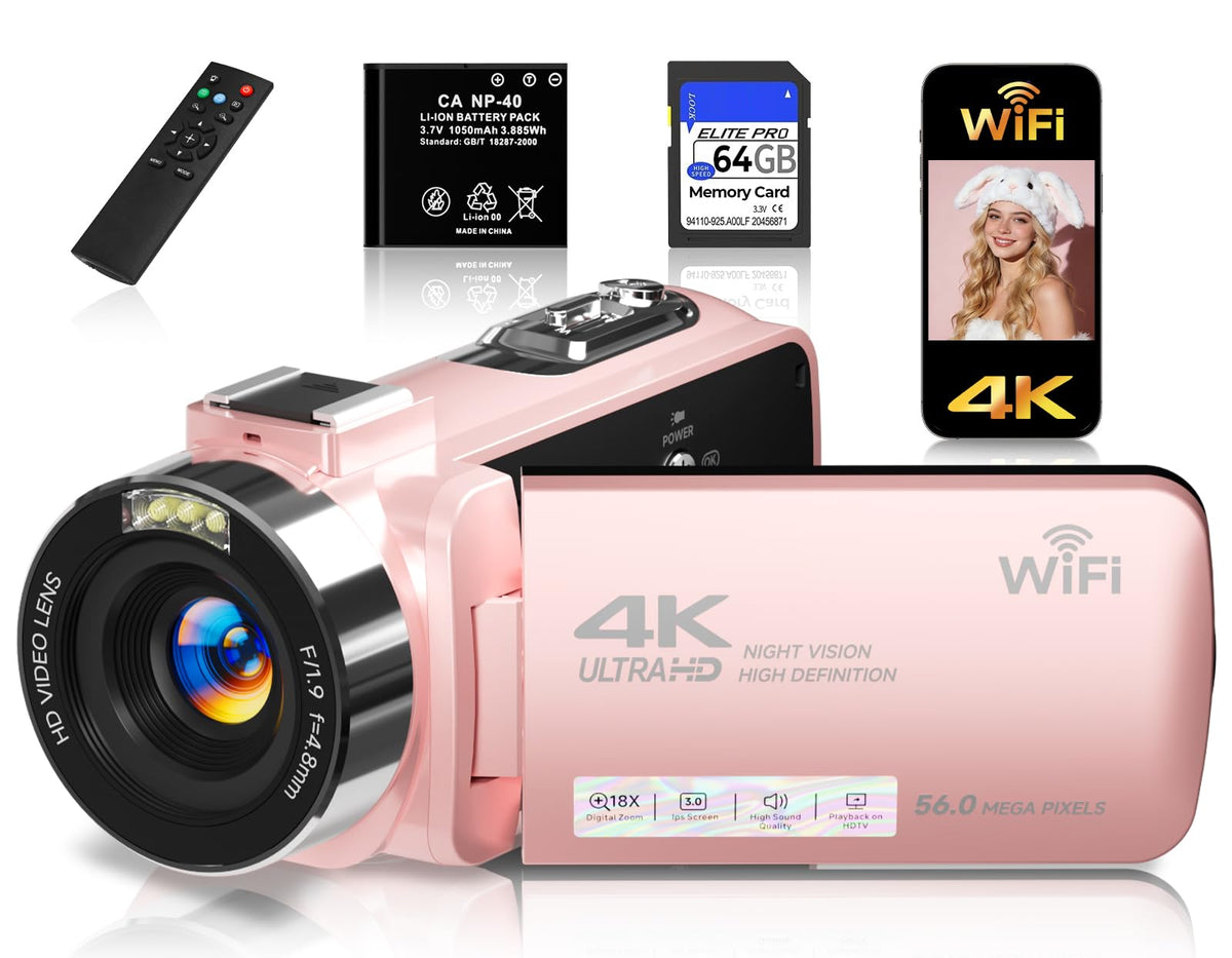 Gtonster 4K camcorder front view in pink for vibrant travel videos.