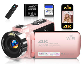 Gtonster 4K camcorder front view in pink for vibrant travel videos.