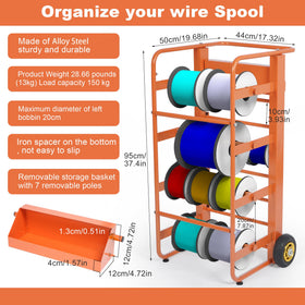 Gtouse wire spool rack in a workshop setup emphasizing reel transfer ease