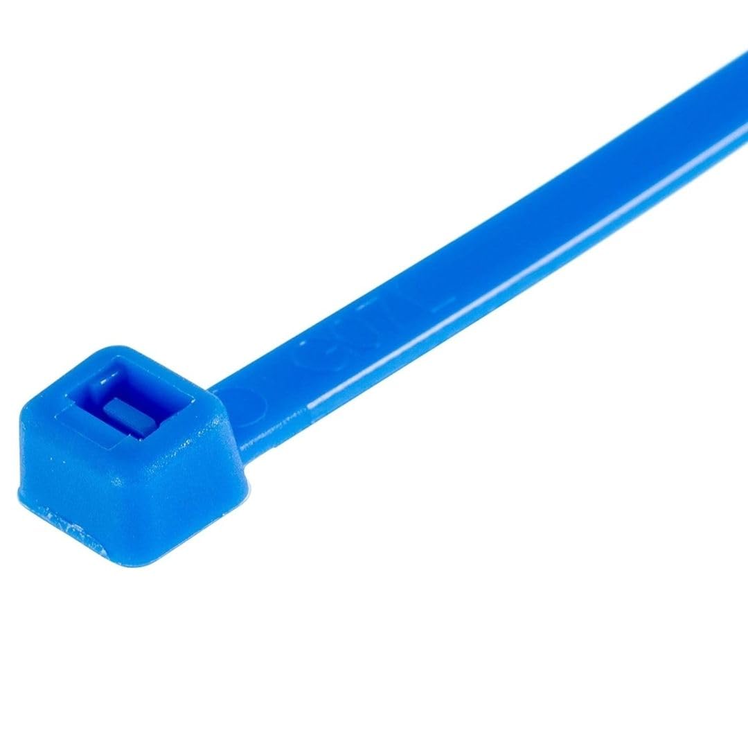 GTSE 4-inch blue zip ties self-locking teeth closeup for secure cable management.