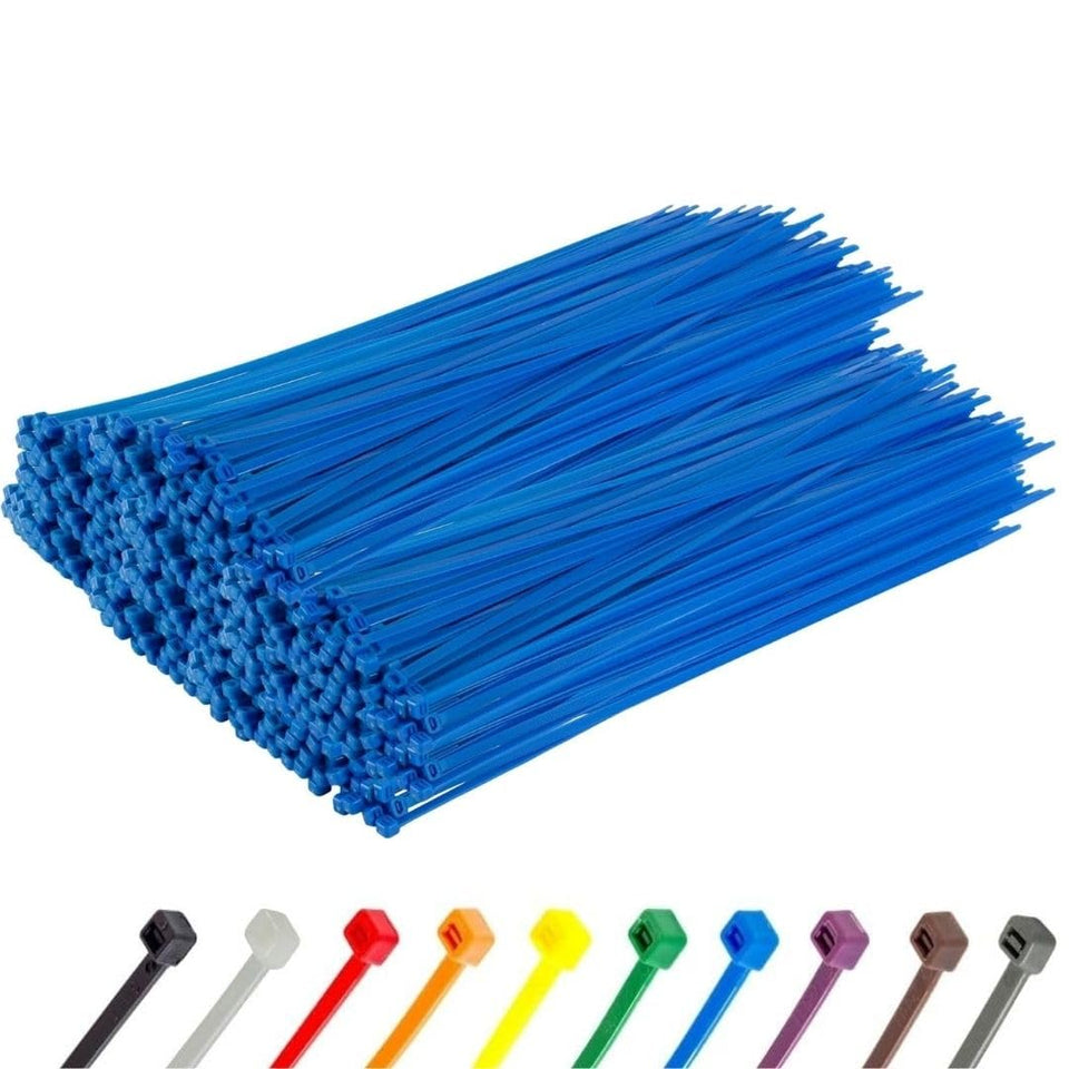 GTSE blue zip ties 12 inch package securing lightweight cables.