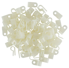 GTSE white nylon P-clips securely hold cables for a tidy, professional installation in commercial or home spaces.