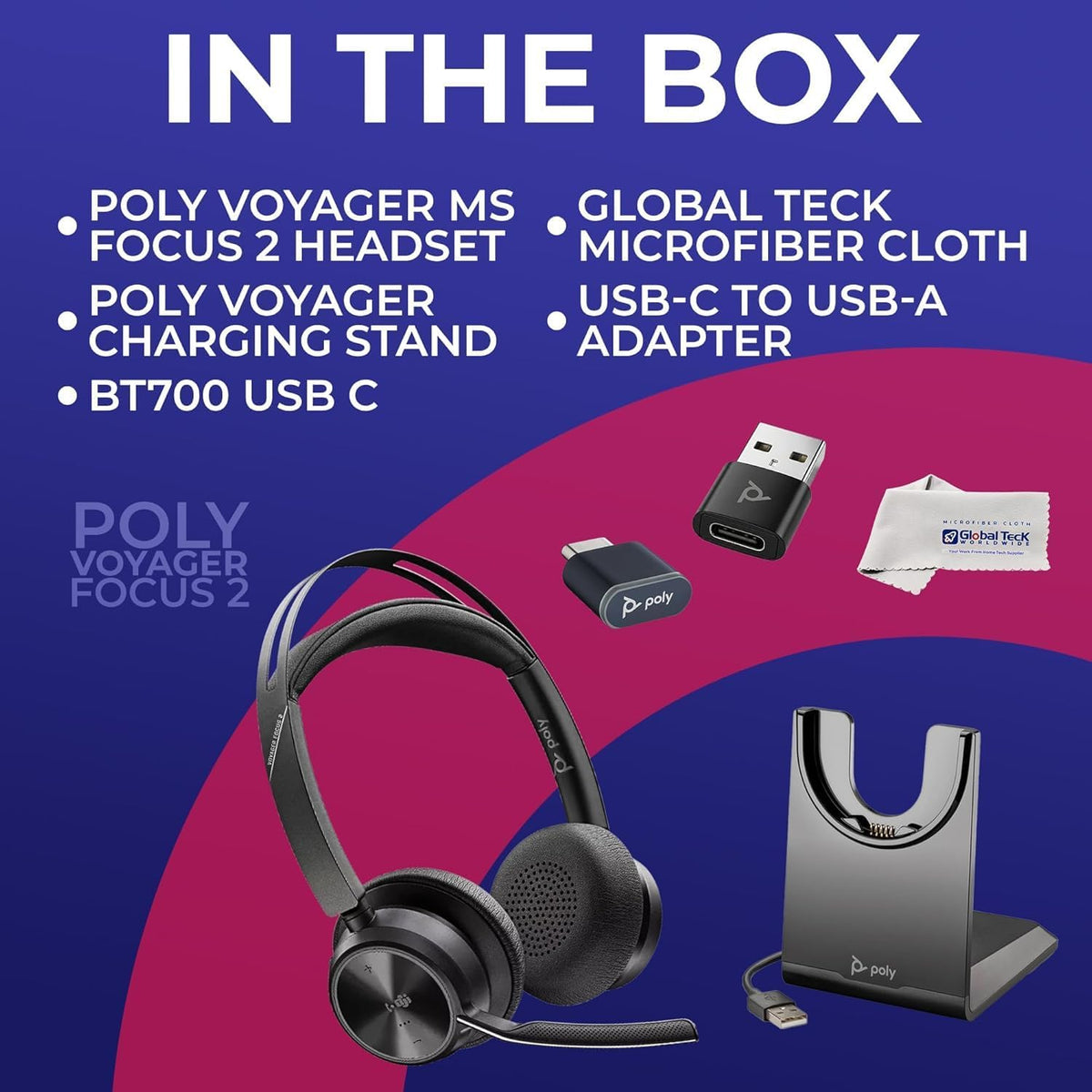 Global Teck office desk setup shows hands-free calling with headset