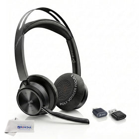 Global Teck Voyager Focus 2 headset on desk with mic, clear calls through noise cancellation