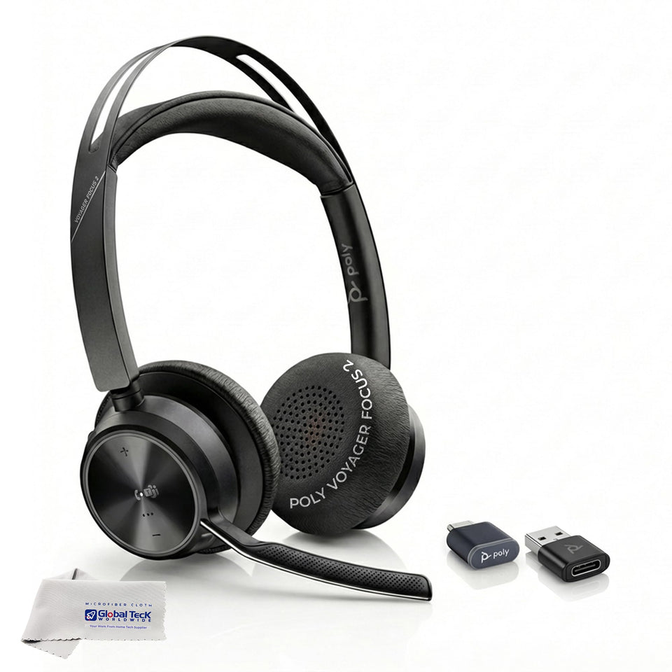 Global Teck Voyager Focus 2 headset on desk with mic, clear calls through noise cancellation