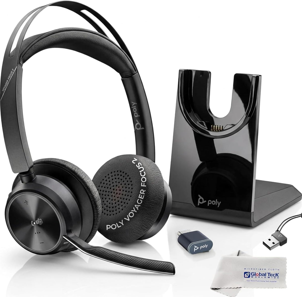 Global Teck Poly Voyager Focus 2 headset close-up highlighting comfort for long calls