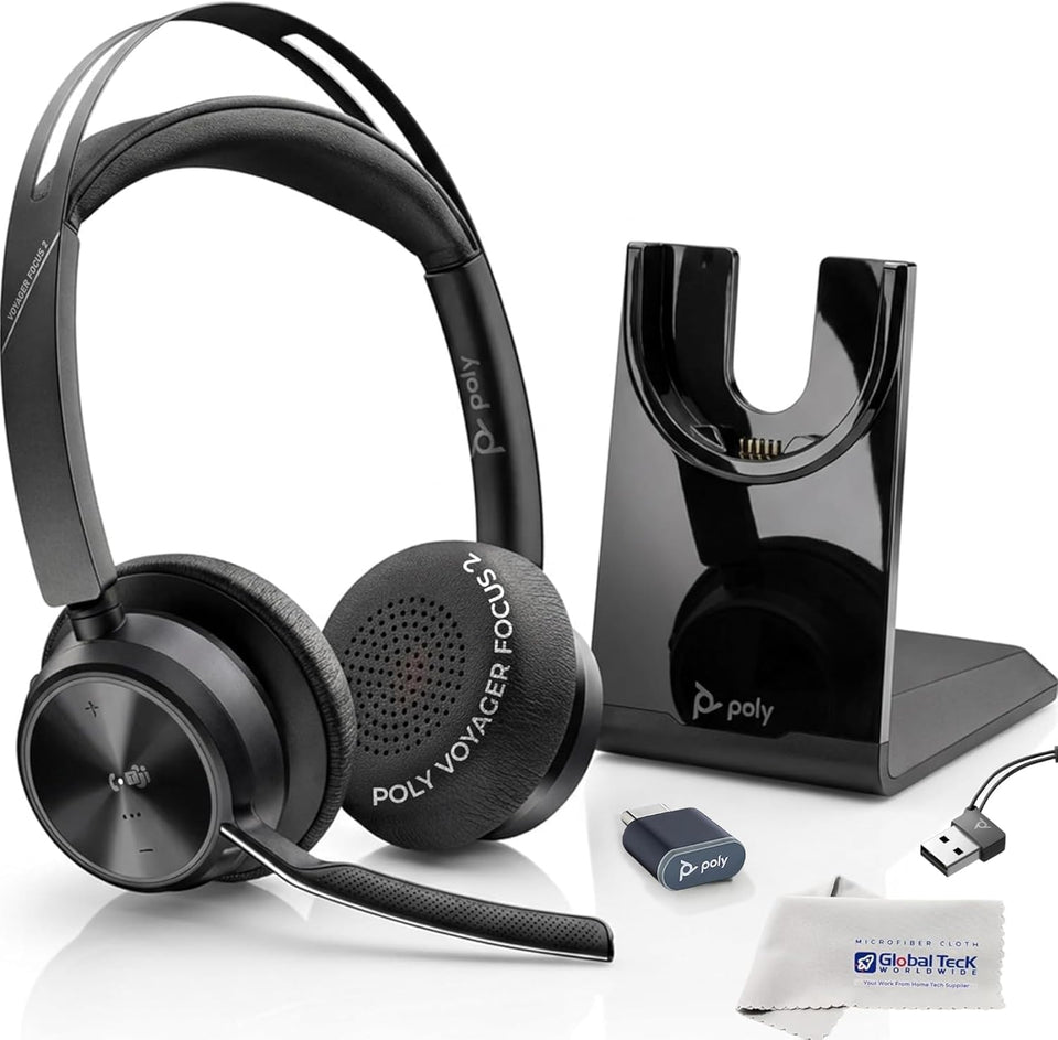 Global Teck Poly Voyager Focus 2 headset close-up highlighting comfort for long calls