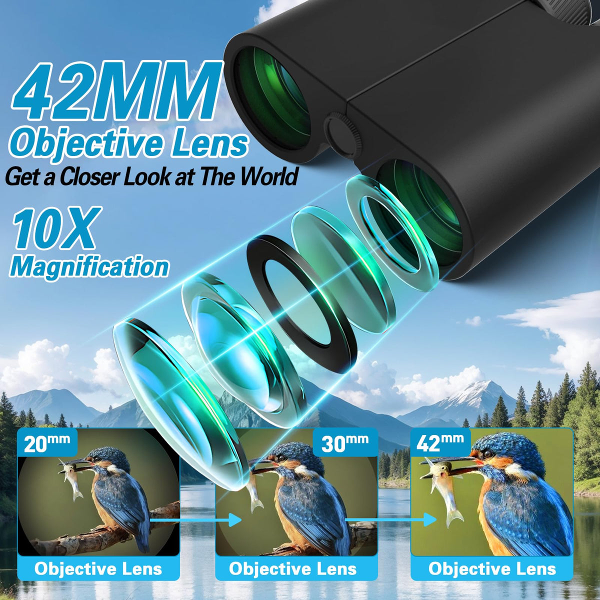 GUANIEE binoculars easy-focus center wheel for glasses-on comfort during long observations.