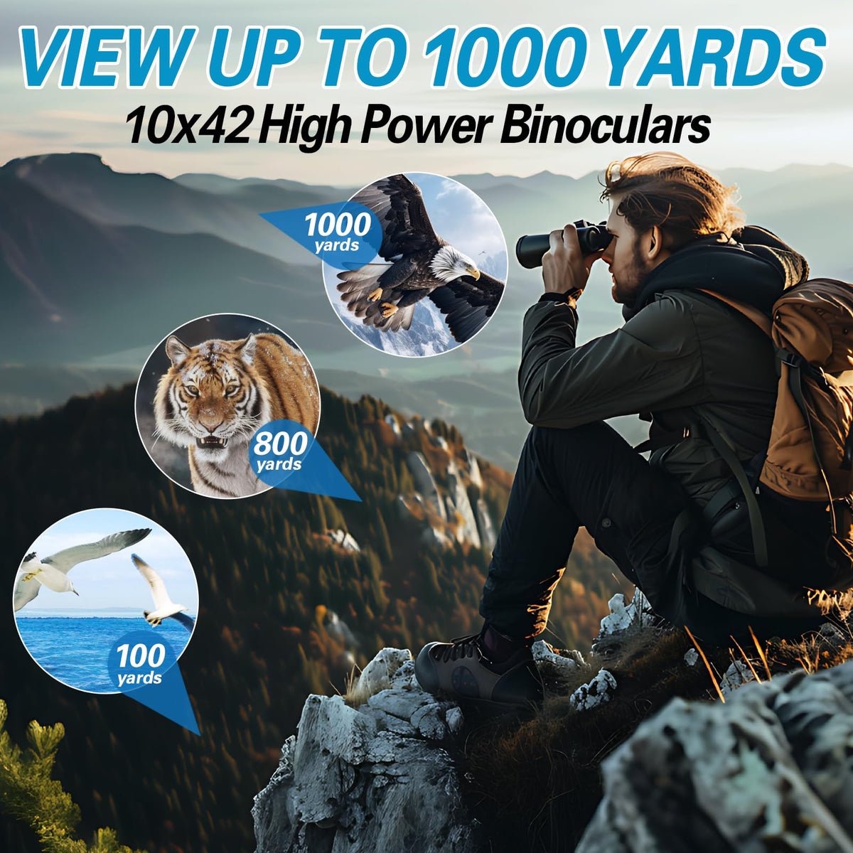 GUANIEE 10x42 binoculars with large eyepieces and ample eye relief for comfortable viewing.