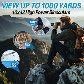 GUANIEE 10x42 binoculars with large eyepieces and ample eye relief for comfortable viewing.