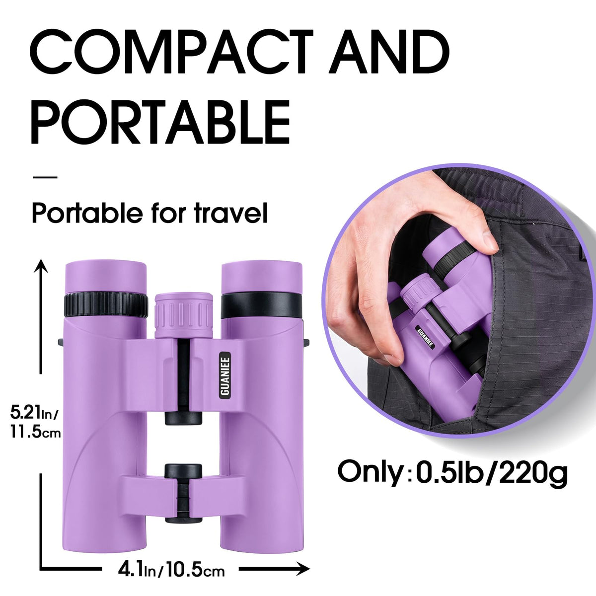 GUANIEE travel binoculars wide field view for landscapes and cityscapes.