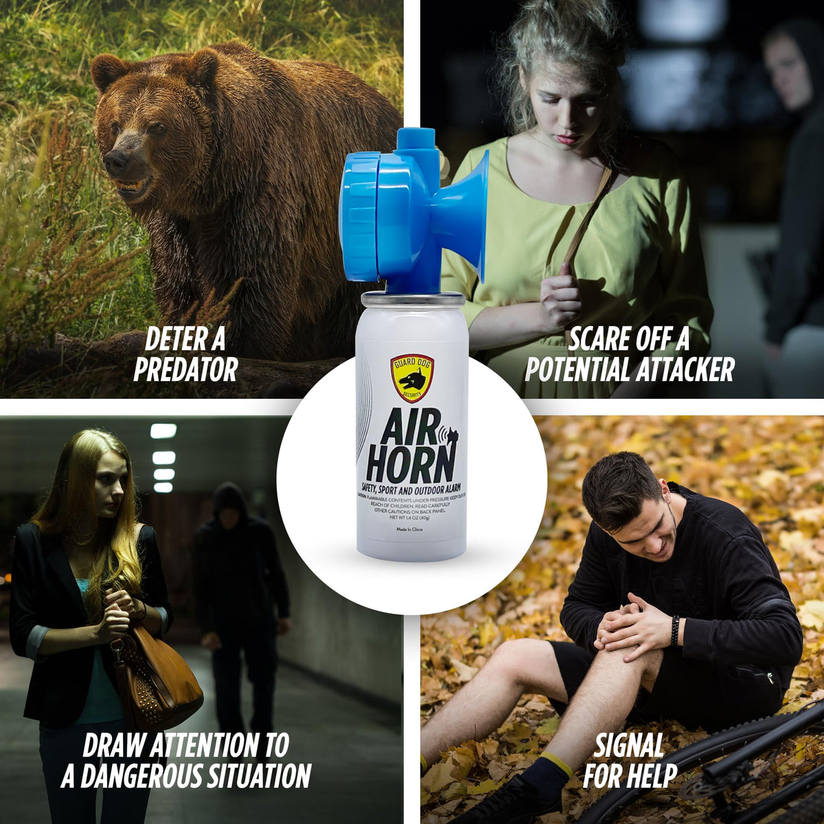 Guard Dog Security Air Horn Defender, mini can 1.4 oz for portability.