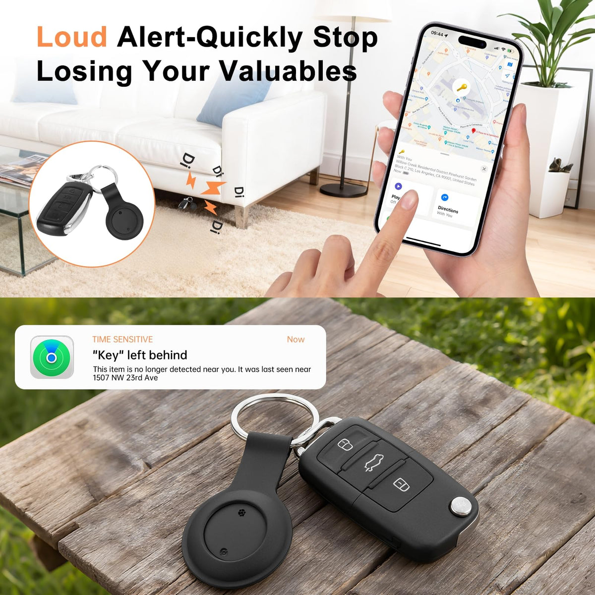 Gudluky Air Tracker Tag 100dB speaker emits a loud alert to find objects.