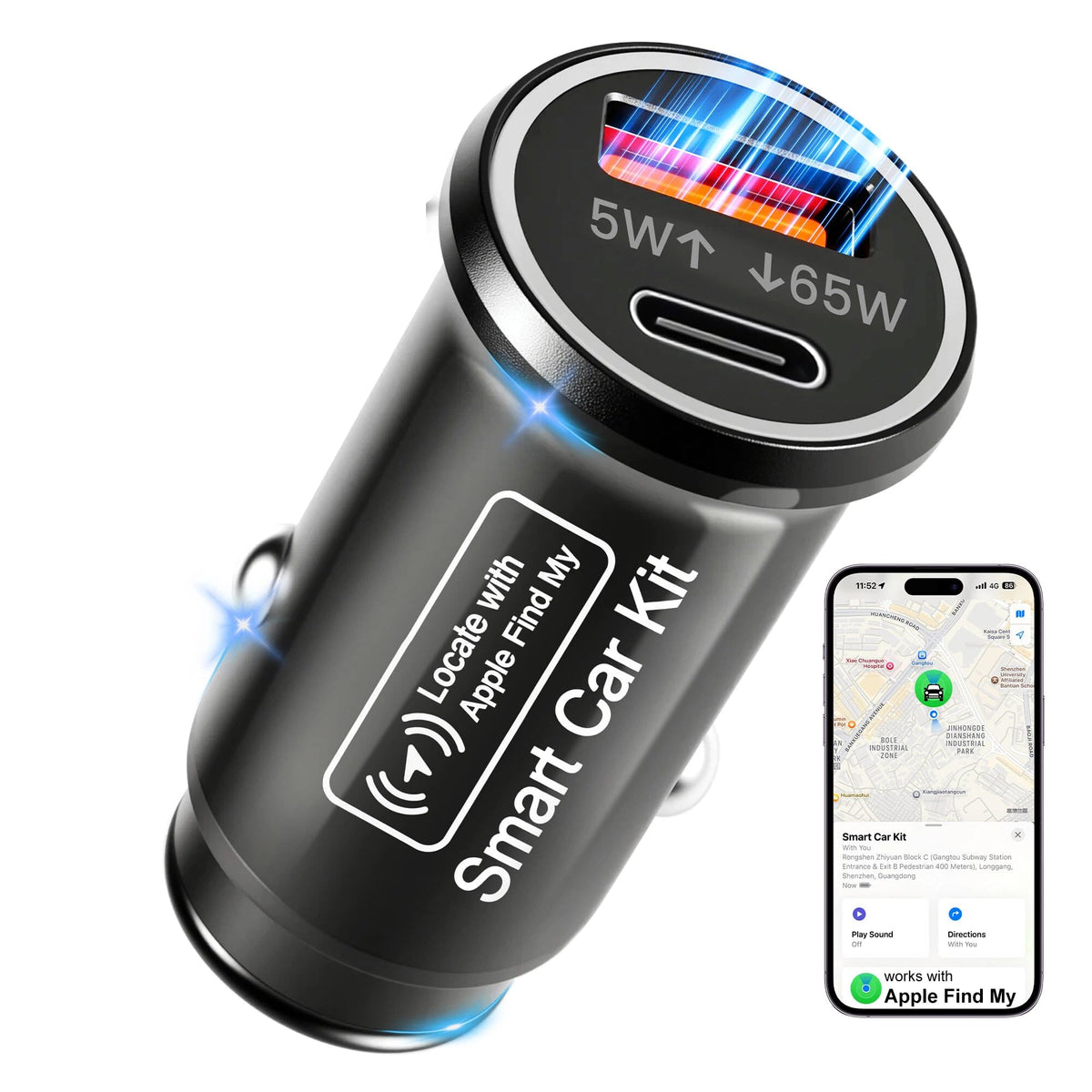Gudluky hidden GPS tracker car charger shown for discreet vehicle monitoring via Find My