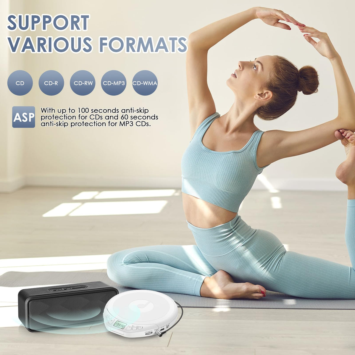 Gueray anti-skip technology close-up demonstrates smooth playback during movement.