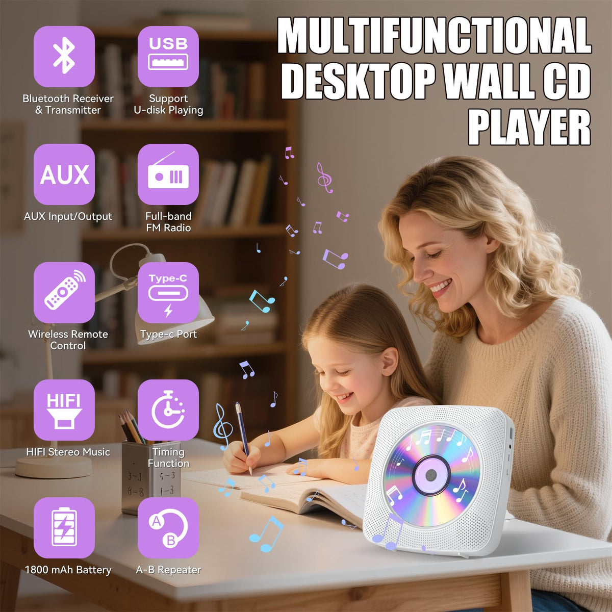 Gueray CD Player Bluetooth mode connected to a smartphone for wireless listening.