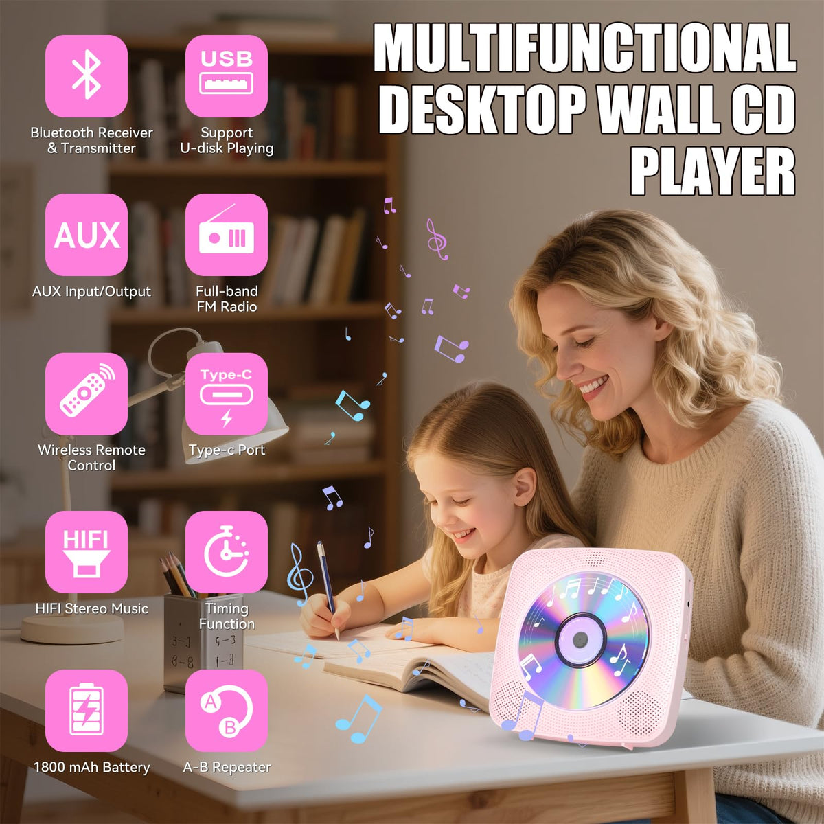 Gueray CD player on desk stand for easy tabletop listening.