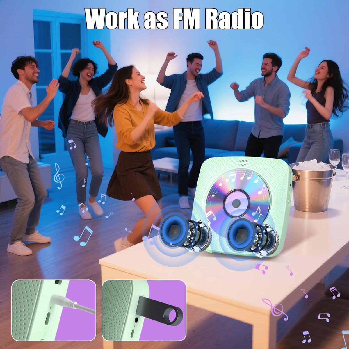 Gueray CD player display showing built-in FM radio for diverse listening options