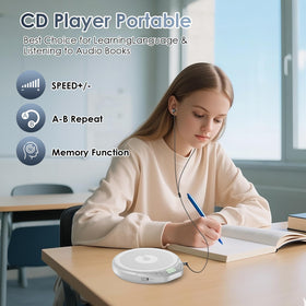 Gueray portable CD player side view showing slim, travel-friendly design