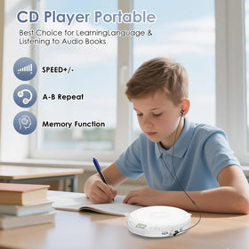Gueray CD Player side view highlights slim profile for travel listening.