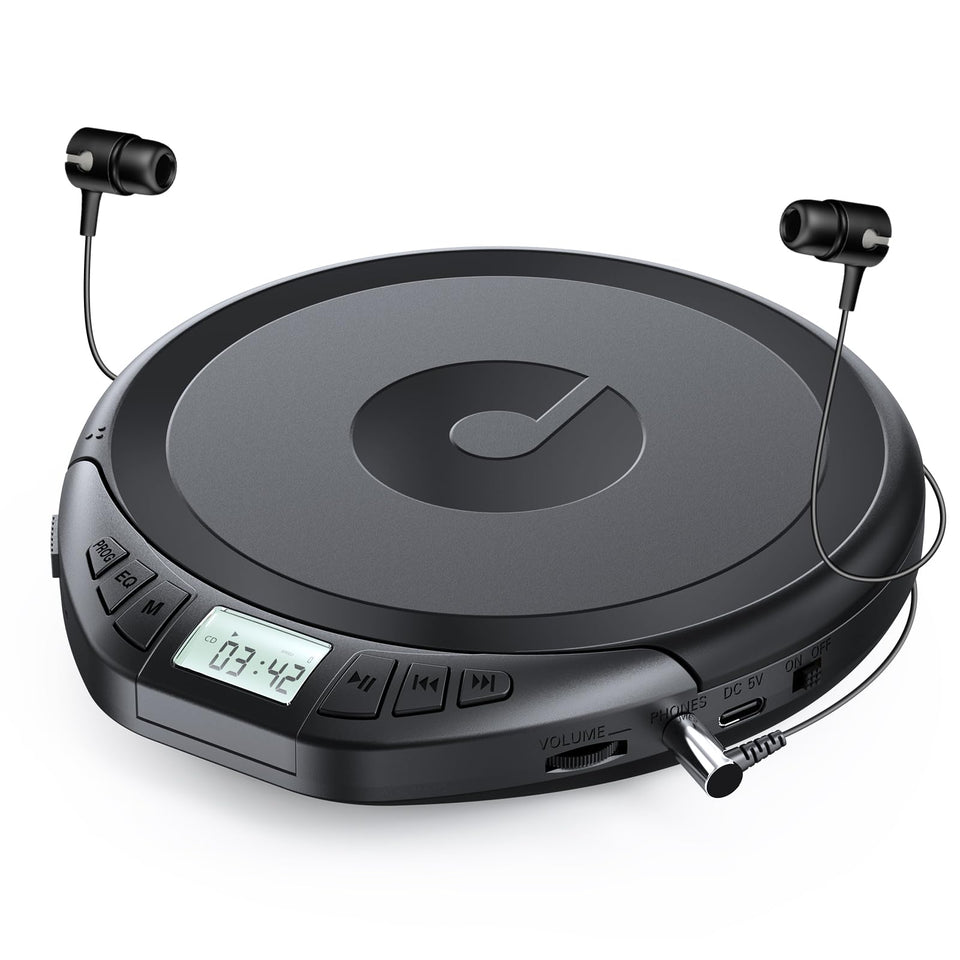 Gueray Dsicman front view showing slim black design and controls for portable listening