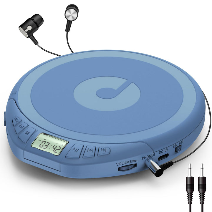 Gueray front view showing compact player and included earphones for portable listening