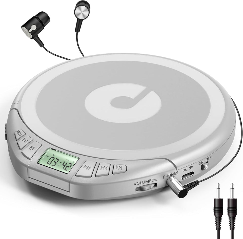 Gueray front view showing slim black Discman and logo, portable listening benefit