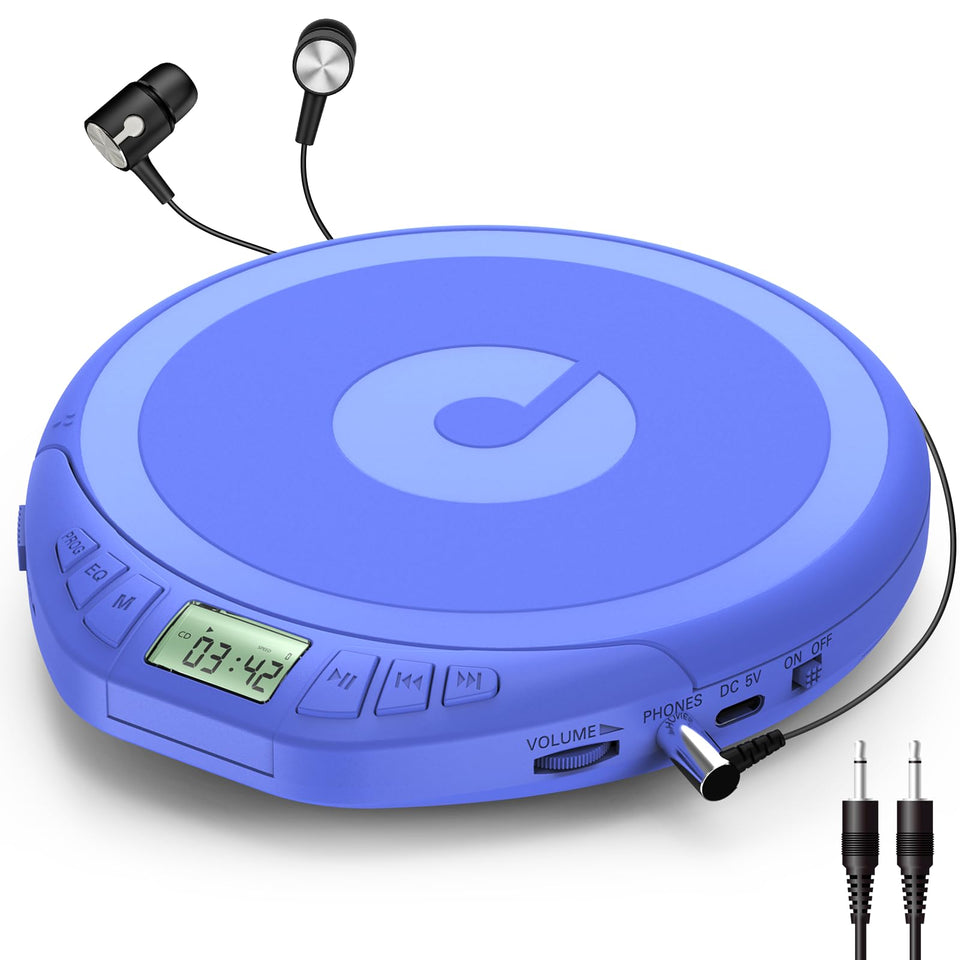 Gueray front view of Discman showing compact design and play button benefit