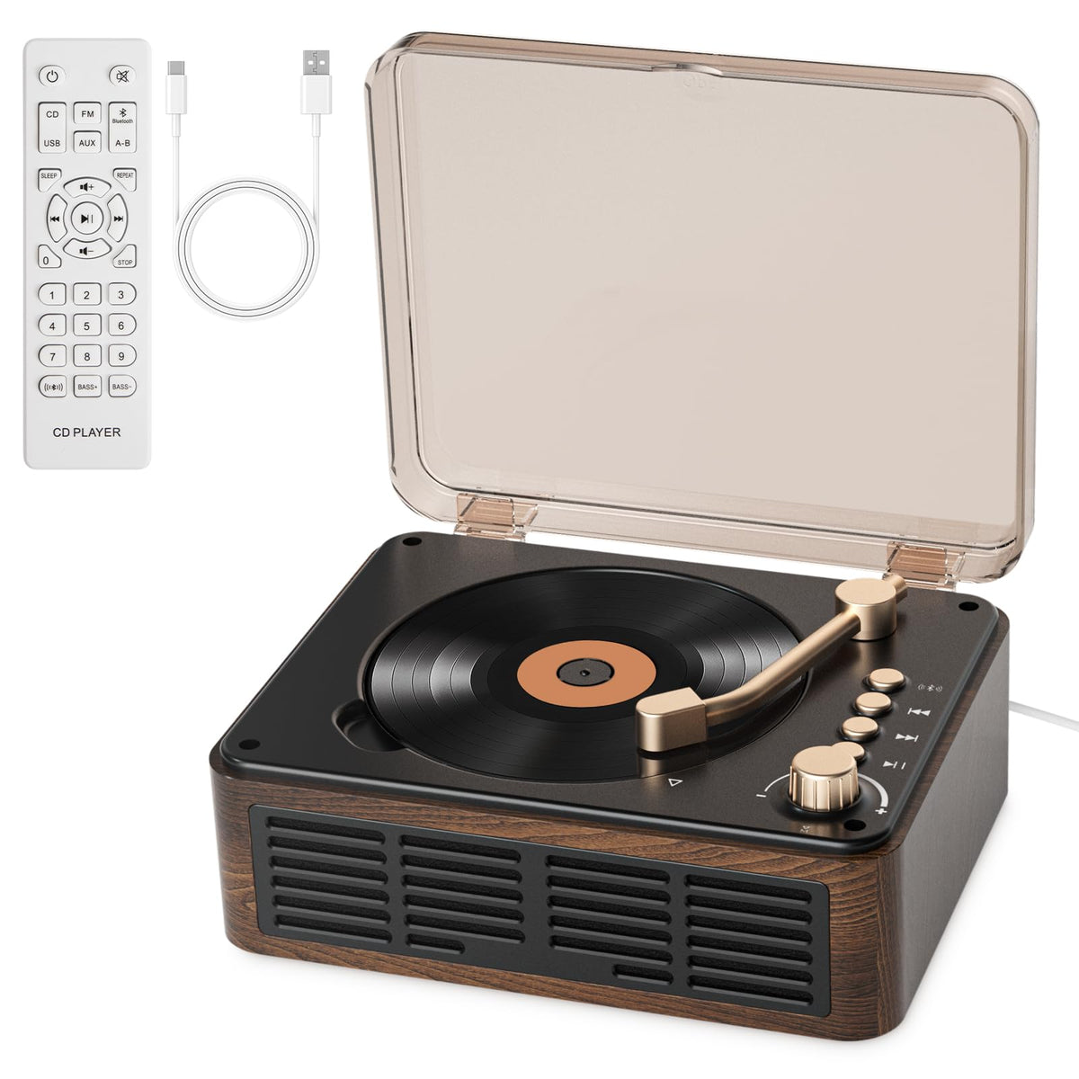 Gueray front view showing wood-finish case and speakers, attractive decor benefit