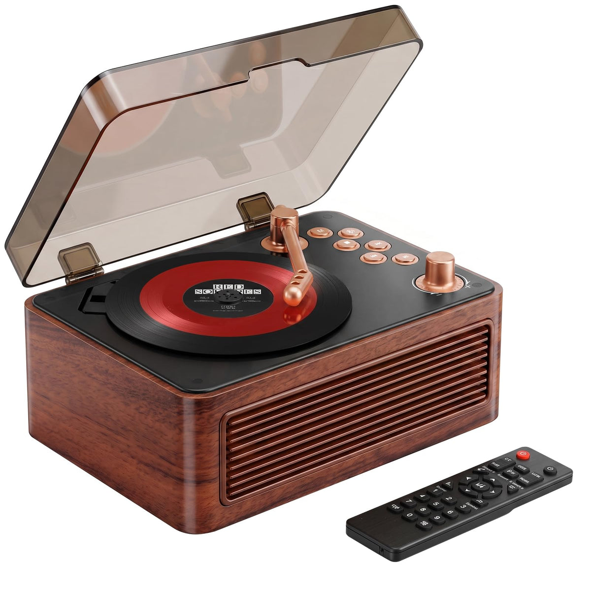 Gueray front view showing retro wood finish and clear controls for elegant home sound