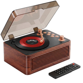 Gueray front view showing retro wood finish and clear controls for elegant home sound