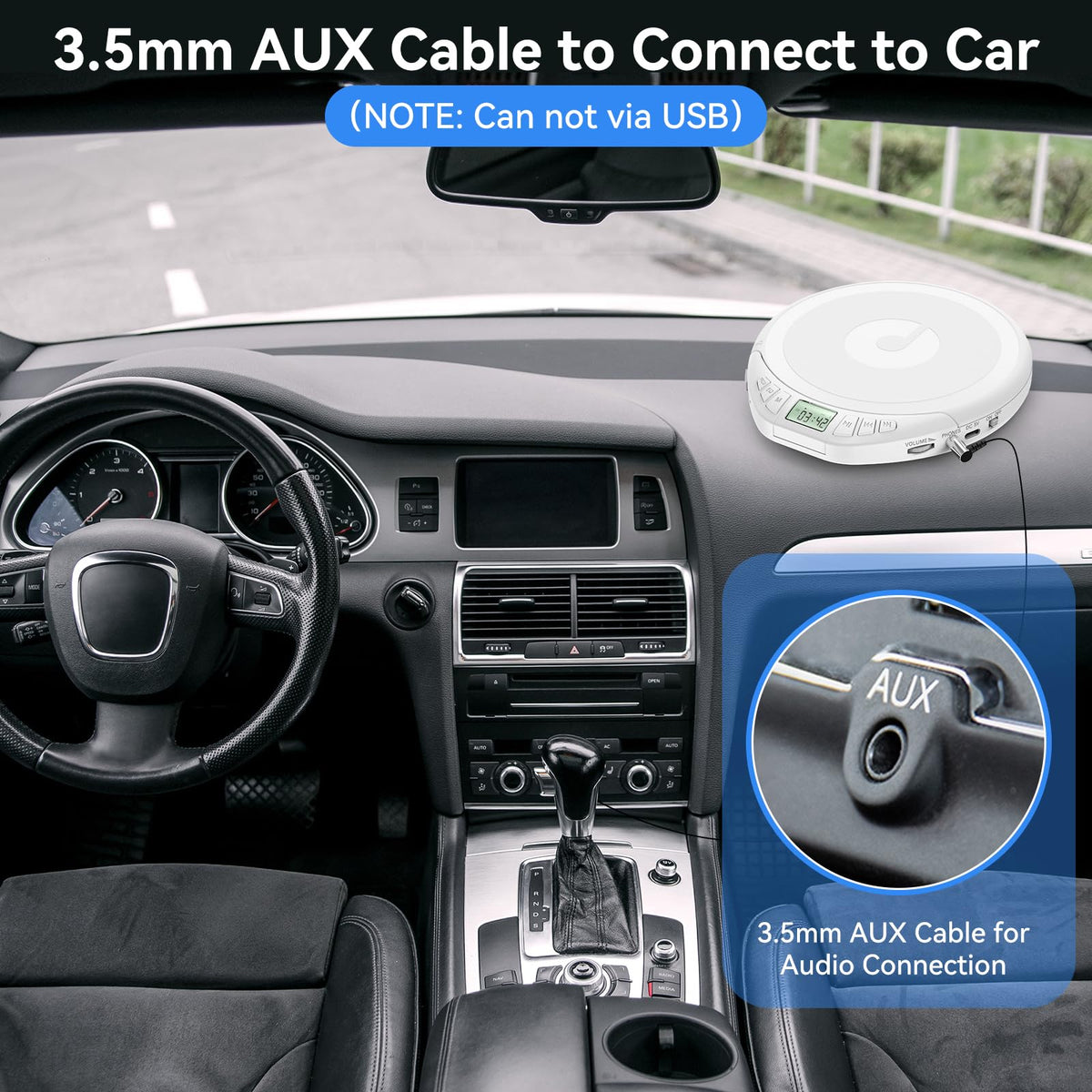 Gueray in use with car aux connection showing compatibility with vehicle stereos
