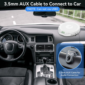 Gueray in use with car aux connection showing compatibility with vehicle stereos
