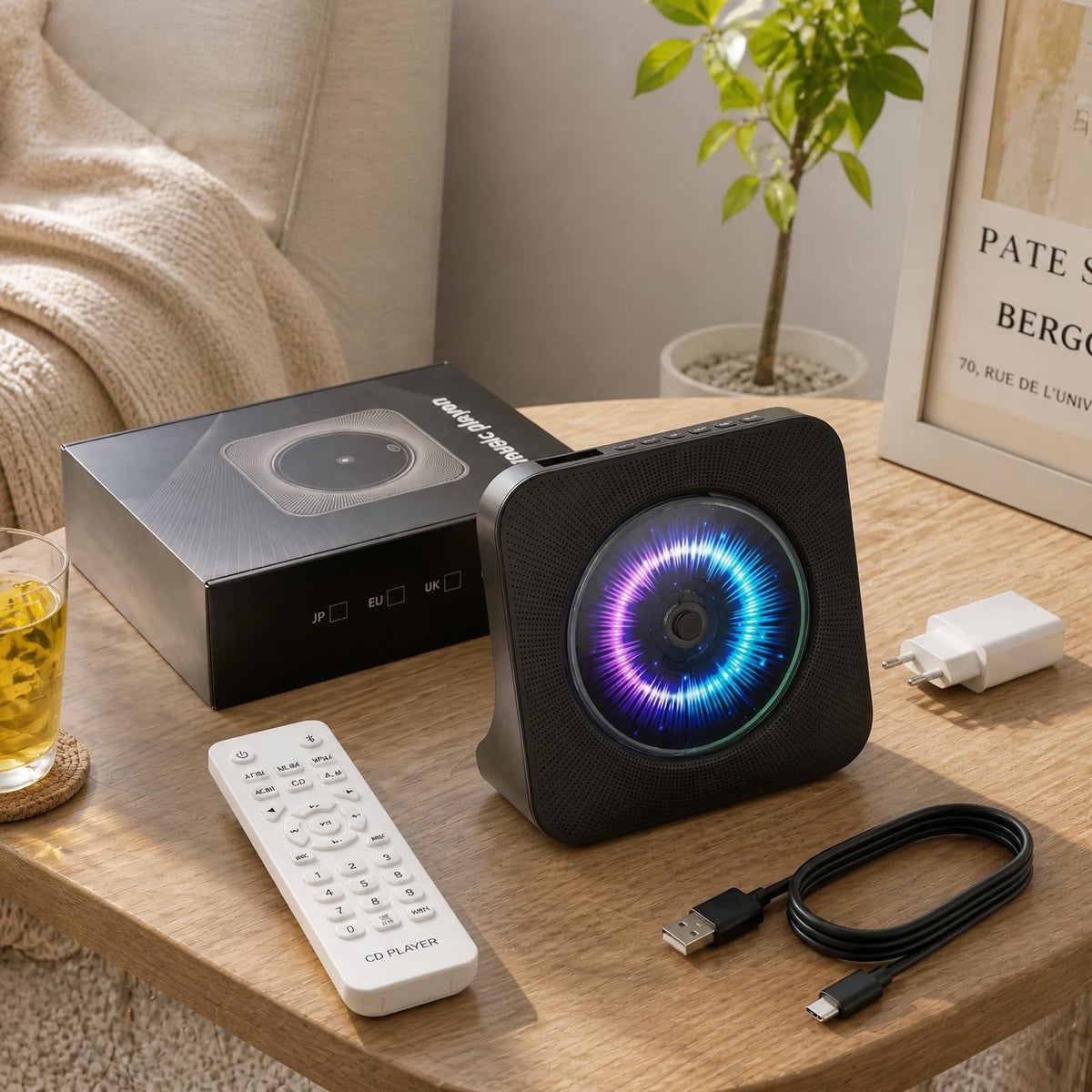 Gueray in a kitchen/bedside lifestyle scene illustrating everyday listening convenience