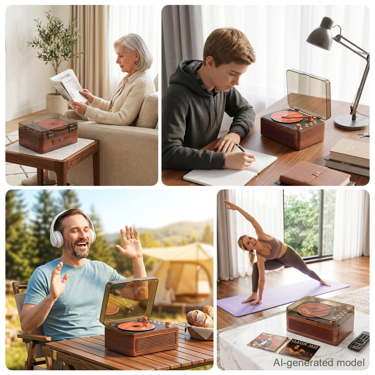 Gueray on a living room shelf offering vintage style and instant music ambiance