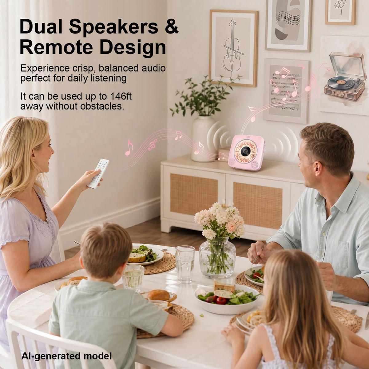 Gueray mounted on kitchen wall saving counter space and providing room-filling audio