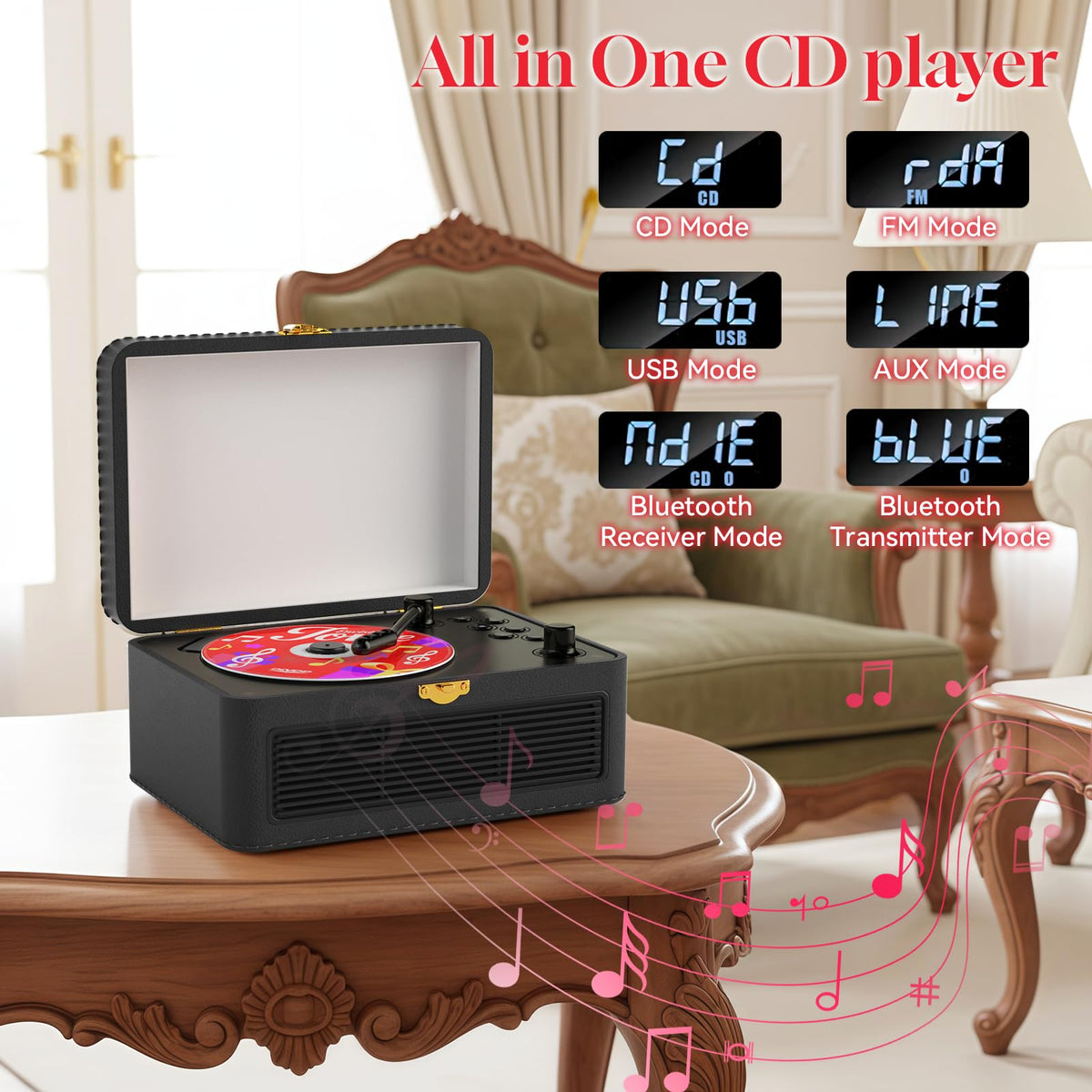 Gueray open CD tray with disc loaded demonstrating simple disc playback and dust cover protection